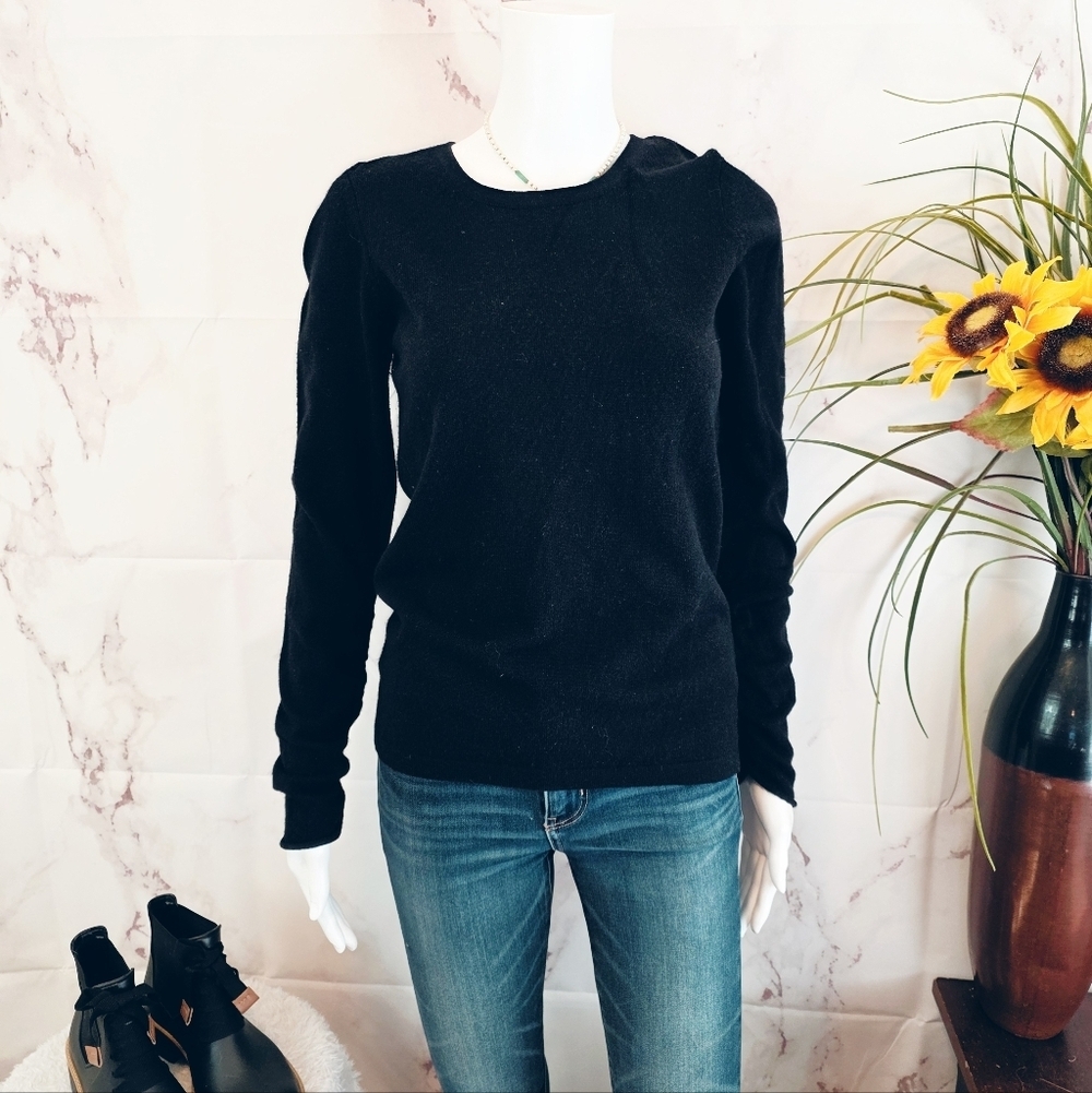 McDuff 100% Cashmere Black Crewneck Ruched Sleeve Sweater
